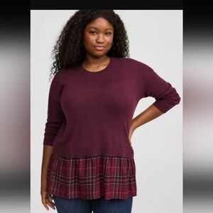 Torrid Burgundy Plaid Hem Crew Neck Sweater
